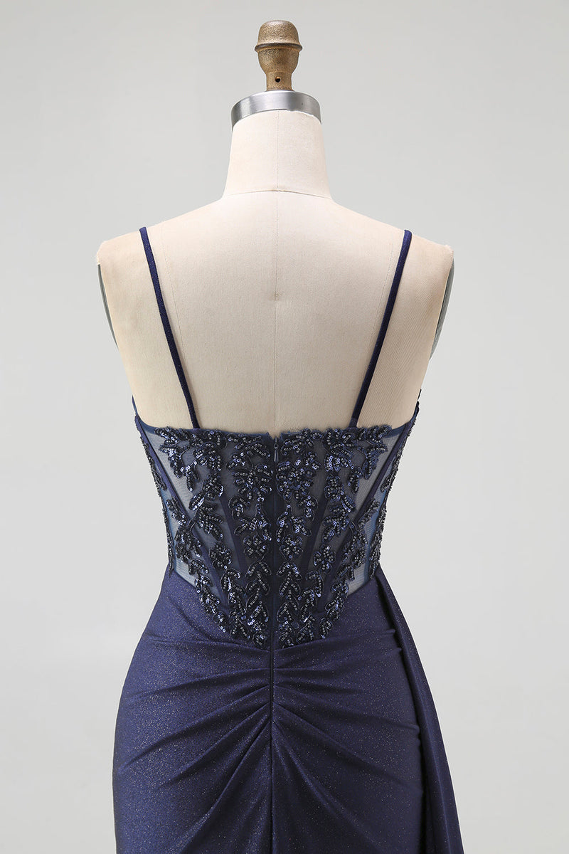 Load image into Gallery viewer, Sparkly Burgundy Mermaid Ruched Long Corset Prom Dress with Beading