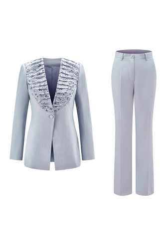 2 Piece Grey Blue Shawl Lapel Women Prom Suits with Lace