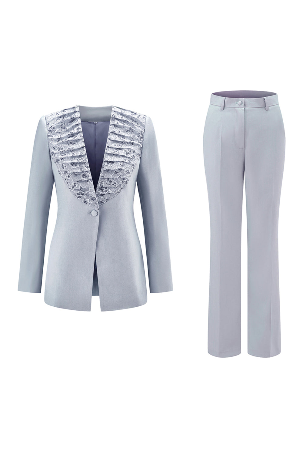 2 Piece Grey Blue Shawl Lapel Women Prom Suits with Lace