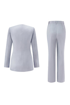2 Piece Grey Blue Shawl Lapel Women Prom Suits with Lace