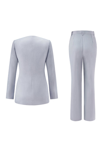 2 Piece Grey Blue Shawl Lapel Women Prom Suits with Lace
