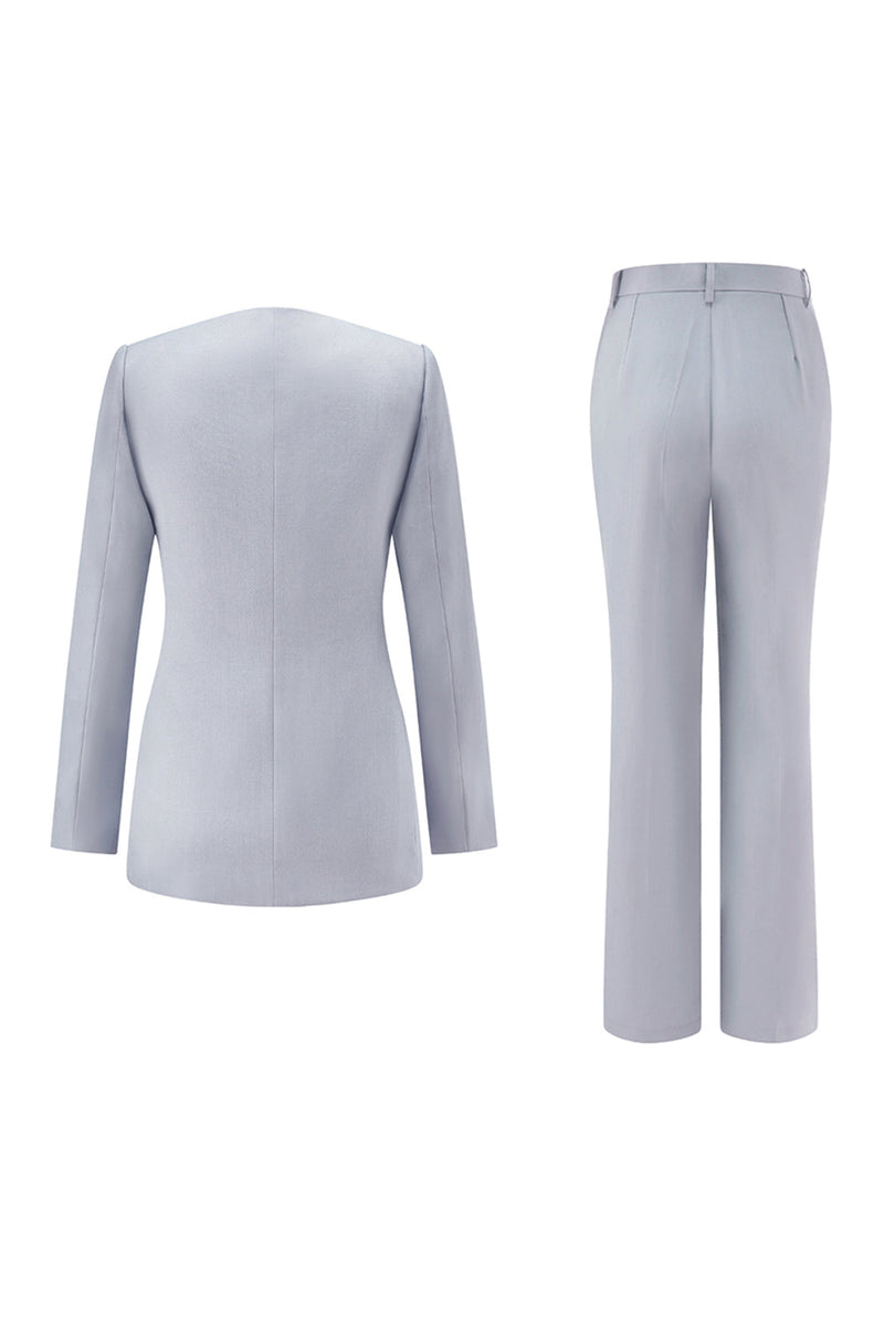 Load image into Gallery viewer, 2 Piece Grey Blue Shawl Lapel Women Prom Suits with Lace