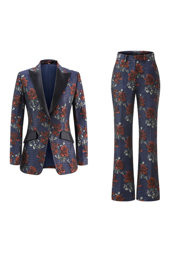 Floral Blue Red 2 Piece Peak Lapel One Button Women Prom Suits