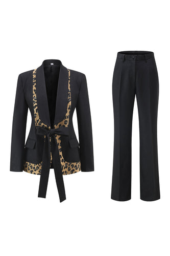 2 Piece Black Shawl Lapel Leopard Printed Women Prom Suits with Bow