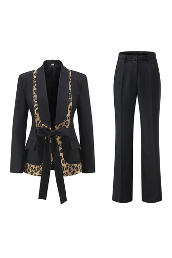2 Piece Black Shawl Lapel Leopard Printed Women Prom Suits with Bow
