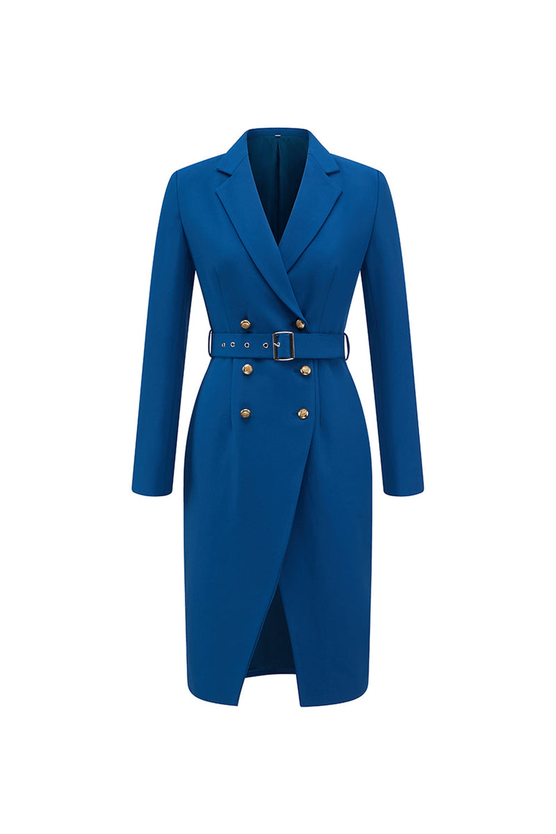 Load image into Gallery viewer, Ink Blue Double Breasted Notched Lapel Midi Blazer Dress with Belt