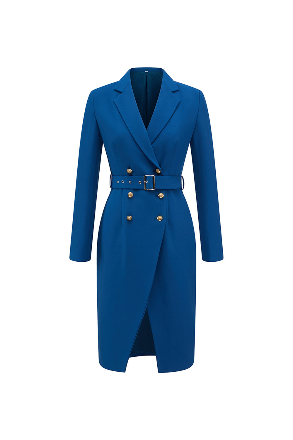 Ink Blue Double Breasted Notched Lapel Midi Blazer Dress with Belt