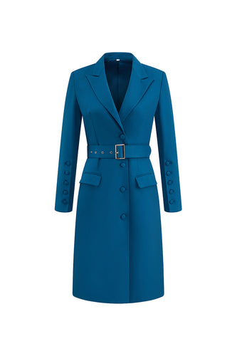 Dark Blue Peak Lapel Single Breasted Midi Blazer Dress with Belt