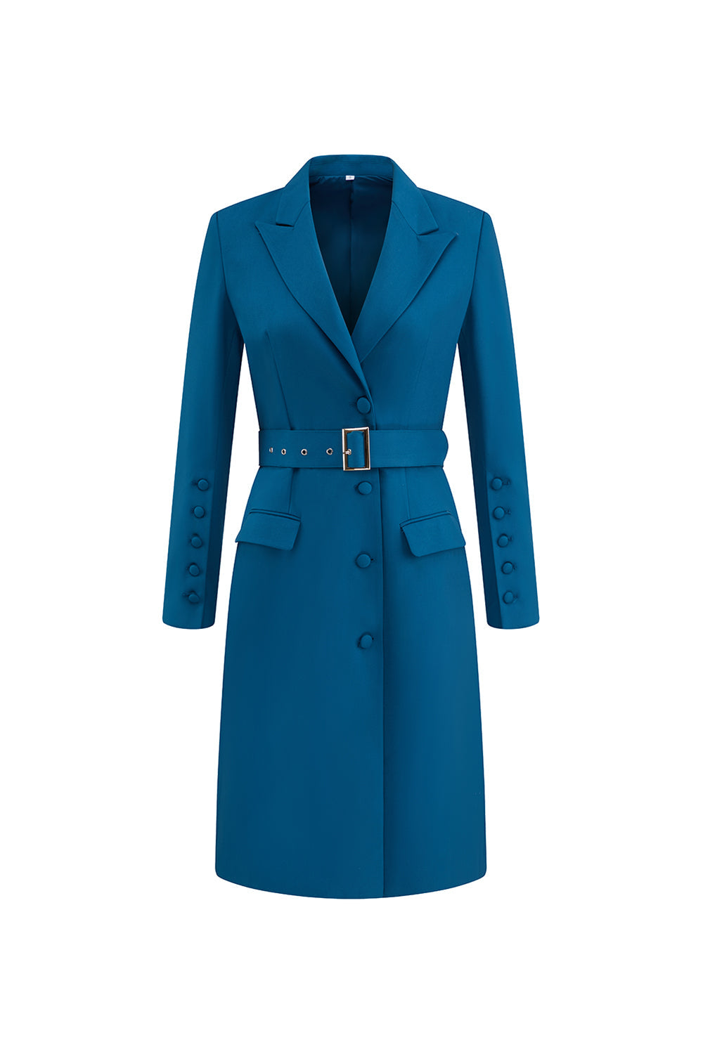 Dark Blue Peak Lapel Single Breasted Midi Blazer Dress with Belt
