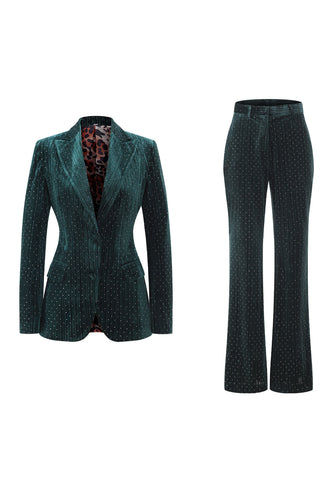 2 Piece Sparkly Dark Green Single Breasted Peak Lapel Women Prom Suits