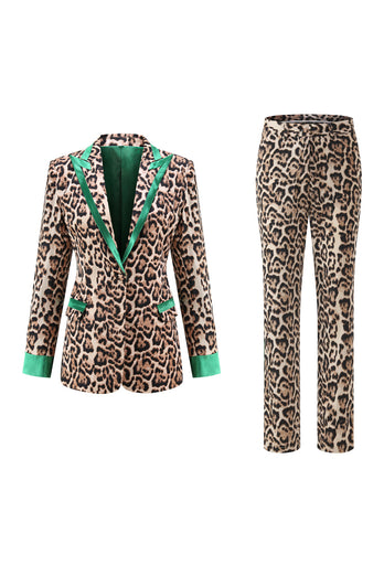 2 Piece Coffee Leopard Peak Lapel Long Sleeves Women Prom Suits