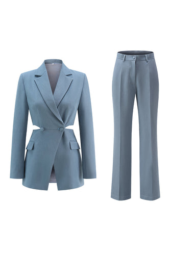 2 Piece Grey Blue Cut Out Notched Lapel Women Prom Suits