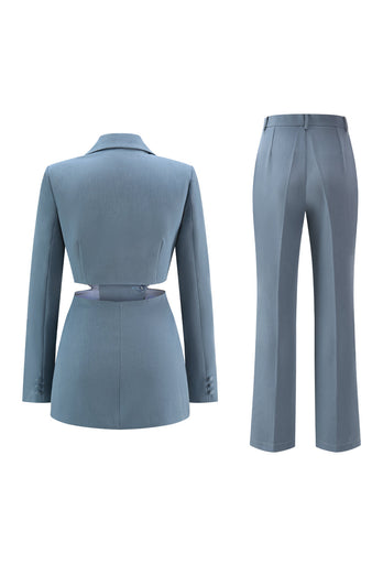 2 Piece Grey Blue Cut Out Notched Lapel Women Prom Suits