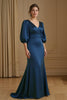 Load image into Gallery viewer, Navy Satin Mermaid V-Neck Long Wedding Guest Dress with Sleeves