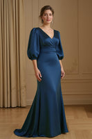 Load image into Gallery viewer, Navy Satin Mermaid V-Neck Long Wedding Guest Dress with Sleeves