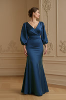 Load image into Gallery viewer, Navy Satin Mermaid V-Neck Long Wedding Guest Dress with Sleeves