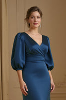 Load image into Gallery viewer, Navy Satin Mermaid V-Neck Long Wedding Guest Dress with Sleeves