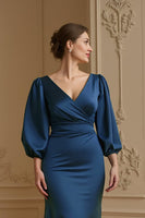 Load image into Gallery viewer, Navy Satin Mermaid V-Neck Long Wedding Guest Dress with Sleeves