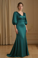 Load image into Gallery viewer, Navy Satin Mermaid V-Neck Long Wedding Guest Dress with Sleeves