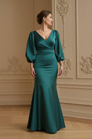 Load image into Gallery viewer, Navy Satin Mermaid V-Neck Long Wedding Guest Dress with Sleeves