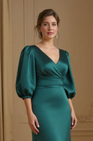 Load image into Gallery viewer, Navy Satin Mermaid V-Neck Long Wedding Guest Dress with Sleeves