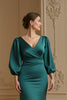 Load image into Gallery viewer, Navy Satin Mermaid V-Neck Long Wedding Guest Dress with Sleeves