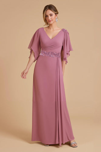 Dusty Rose Chiffon Sheath Long Wedding Guest Dress with Appliques