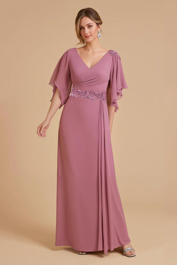Dusty Rose Chiffon Sheath Long Wedding Guest Dress with Appliques