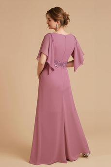 Dusty Rose Chiffon Sheath Long Wedding Guest Dress with Appliques