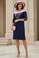 Load image into Gallery viewer, Navy Satin Sheath Off The Shoulder Midi Wedding Guest Dress with Sleeves
