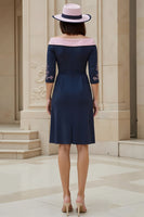 Load image into Gallery viewer, Navy Satin Sheath Off The Shoulder Midi Wedding Guest Dress with Sleeves