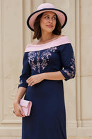 Load image into Gallery viewer, Navy Satin Sheath Off The Shoulder Midi Wedding Guest Dress with Sleeves