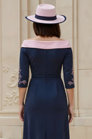 Load image into Gallery viewer, Navy Satin Sheath Off The Shoulder Midi Wedding Guest Dress with Sleeves