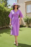 Load image into Gallery viewer, Purple Chiffon Ruched Sheath Midi Wedding Guest Dress with Sleeves