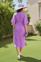 Load image into Gallery viewer, Purple Chiffon Ruched Sheath Midi Wedding Guest Dress with Sleeves
