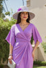 Load image into Gallery viewer, Purple Chiffon Ruched Sheath Midi Wedding Guest Dress with Sleeves