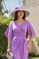 Load image into Gallery viewer, Purple Chiffon Ruched Sheath Midi Wedding Guest Dress with Sleeves