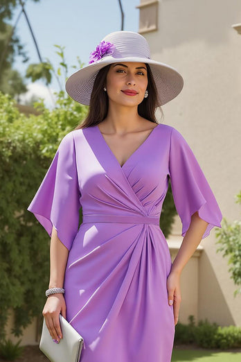 Purple Chiffon Ruched Sheath Midi Wedding Guest Dress with Sleeves