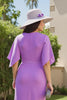 Load image into Gallery viewer, Purple Chiffon Ruched Sheath Midi Wedding Guest Dress with Sleeves