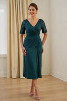 Load image into Gallery viewer, Pine Chiffon Ruched Sheath V-Neck Midi Wedding Guest Dress with Lace