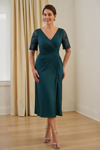 Pine Chiffon Ruched Sheath V-Neck Midi Wedding Guest Dress with Lace