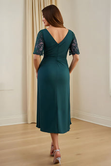 Pine Chiffon Ruched Sheath V-Neck Midi Wedding Guest Dress with Lace