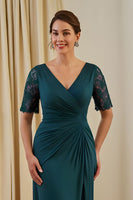 Load image into Gallery viewer, Pine Chiffon Ruched Sheath V-Neck Midi Wedding Guest Dress with Lace