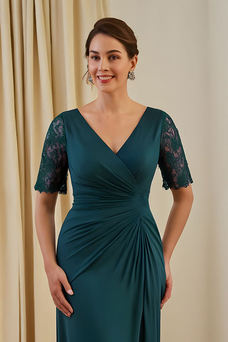 Load image into Gallery viewer, Pine Chiffon Ruched Sheath V-Neck Midi Wedding Guest Dress with Lace