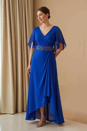 Royal Blue Chiffon Sheath V-Neck Long Wedding Guest Dress with Beading