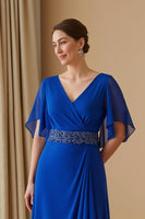 Load image into Gallery viewer, Royal Blue Chiffon Sheath V-Neck Long Wedding Guest Dress with Beading