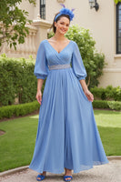 Load image into Gallery viewer, Dusty Blue Chiffon A Line V-Neck Long Wedding Guest Dress with Beading