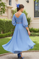 Load image into Gallery viewer, Dusty Blue Chiffon A Line V-Neck Long Wedding Guest Dress with Beading