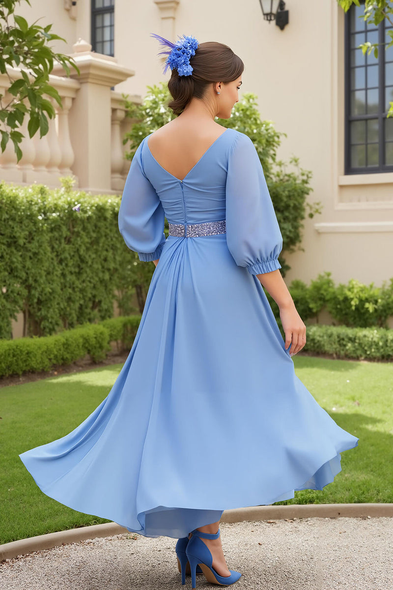 Load image into Gallery viewer, Dusty Blue Chiffon A Line V-Neck Long Wedding Guest Dress with Beading