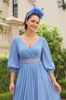 Load image into Gallery viewer, Dusty Blue Chiffon A Line V-Neck Long Wedding Guest Dress with Beading